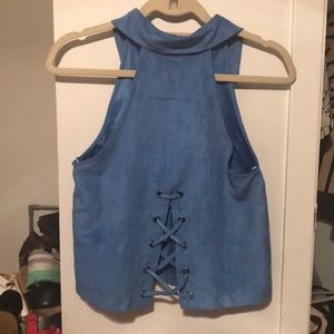 Blue Faux suede back lace up top